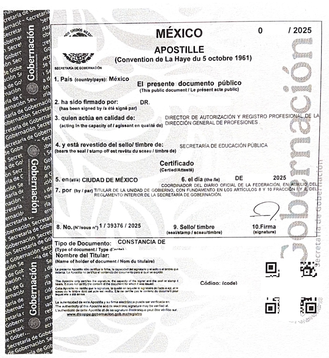 Apostille (2025) aus Mexiko (Ciudad de México) mit QR-Code