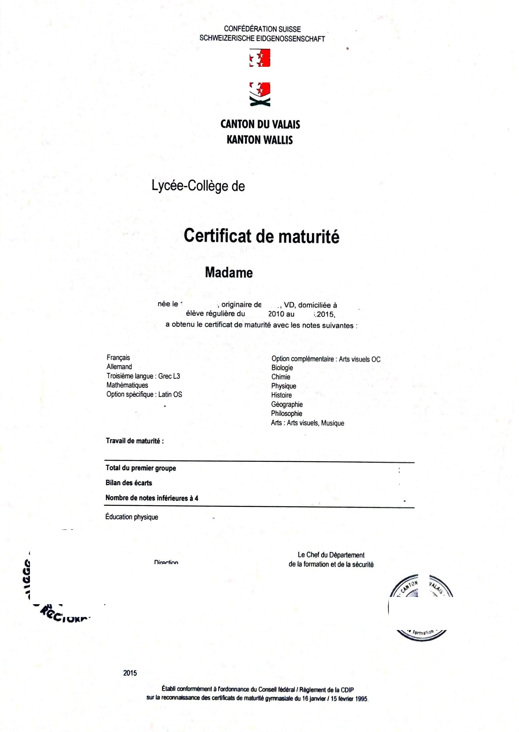 Certificat de maturité, 2015, Valais (Suisse)