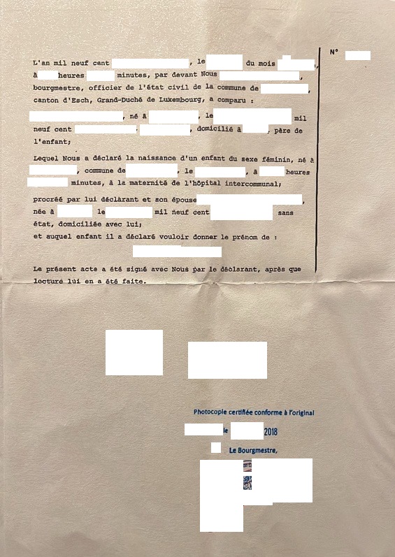 Confirmation de naissance (Geburtsurkunde), Luxembourg, 2018